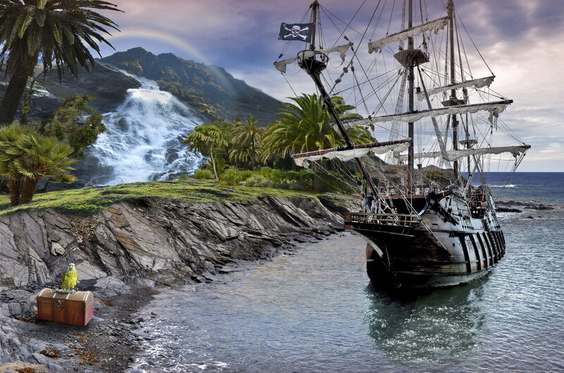 Pirate Ship at Island — Blue, Dramatic