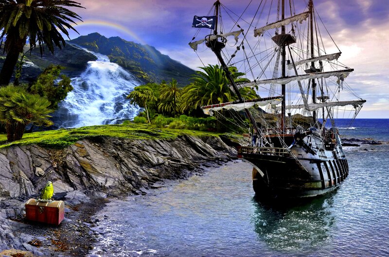 Pirate Ship at Island — Blue