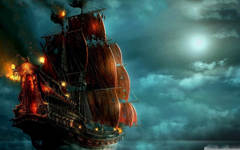 Pirate Ship at Night — Blue, Dramatic