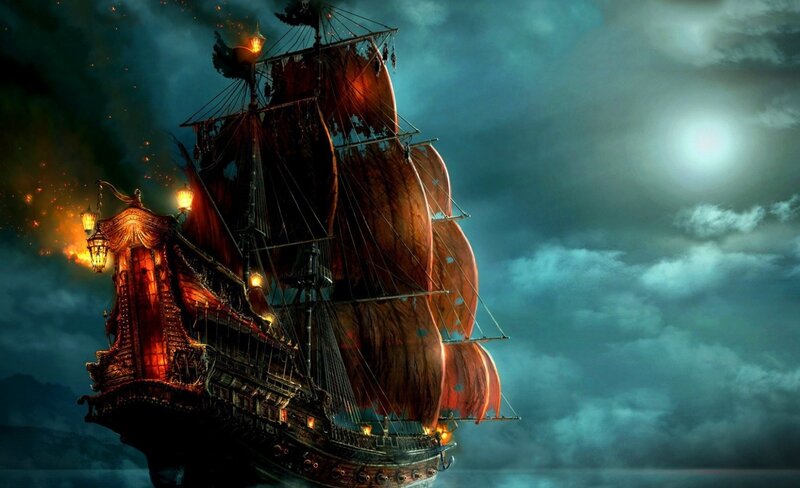 Pirate Ship at Night — Dark Blue, Dramatic, Digital Art, Moon, Clouds