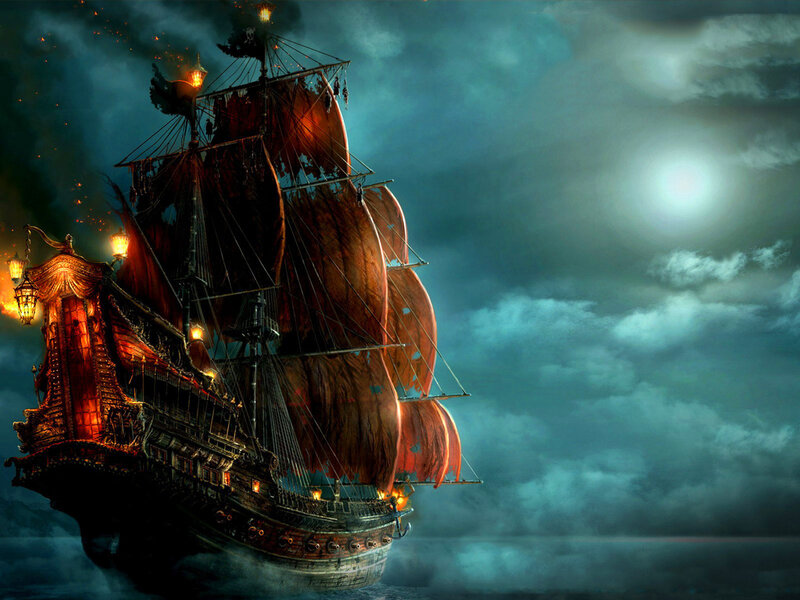 Pirate Ship at Night — Dark Blue, Dramatic, Digital Art, Moon