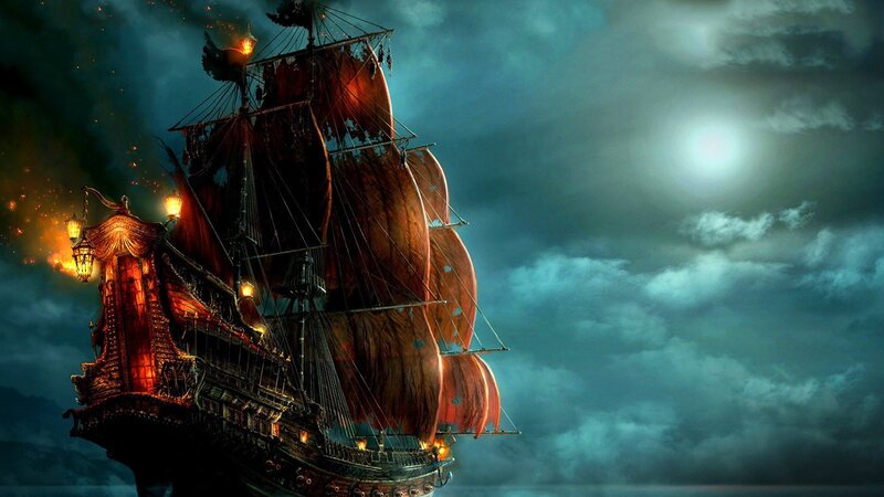 Pirate Ship at Night — Dark Blue, Dramatic, Digital Art, Sails, Moon, Clouds