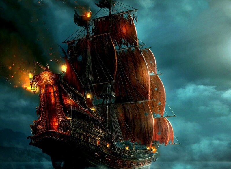 Pirate Ship at Night — Dark Blue, Dramatic, Digital Art, Sails