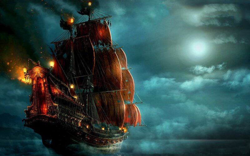 Pirate Ship at Night — Dark Blue, Dramatic