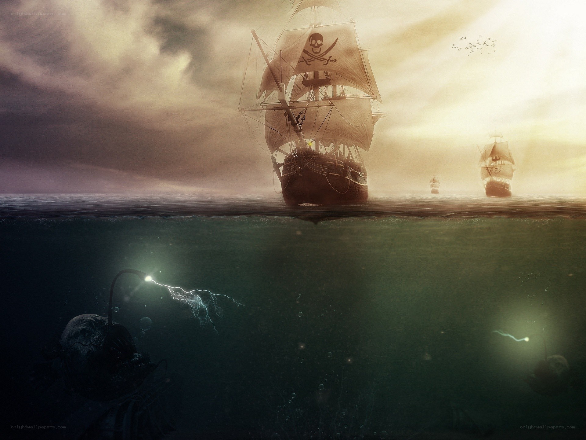 Pirate ship at sea
