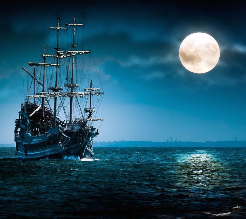 Pirate Ship at Sea — Blue, Dramatic, Night, Digital Art, Moon, Ocean, Clouds