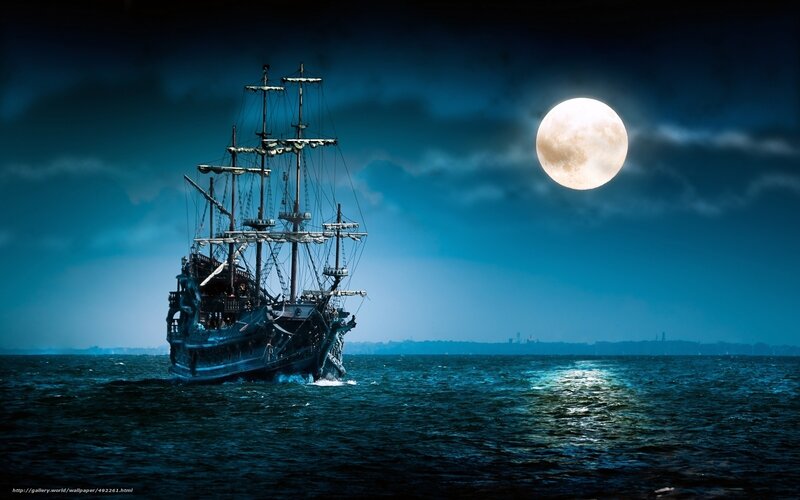 Pirate Ship at Sea — Blue, Dramatic, Night, Digital Art, Moon, Ocean