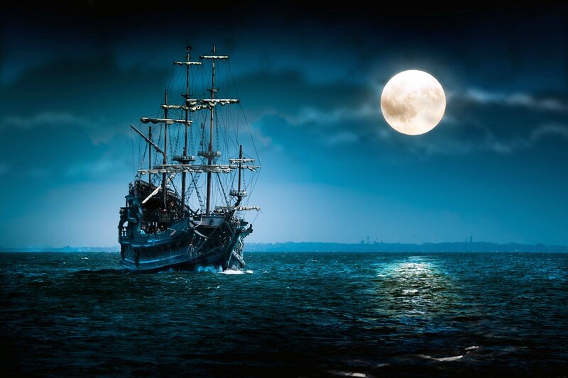 Pirate Ship at Sea — Blue, Dramatic, Night, Digital Art, Moon