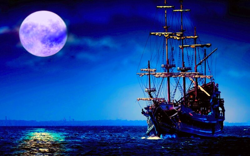 Pirate Ship at Sea — Blue, Dramatic, Night, Digital Art