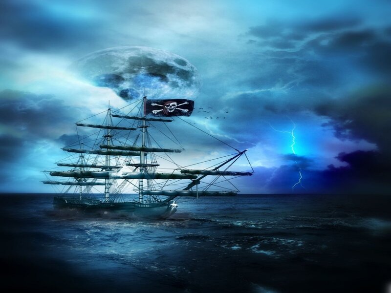 Pirate Ship at Sea — Blue, Dramatic, Night