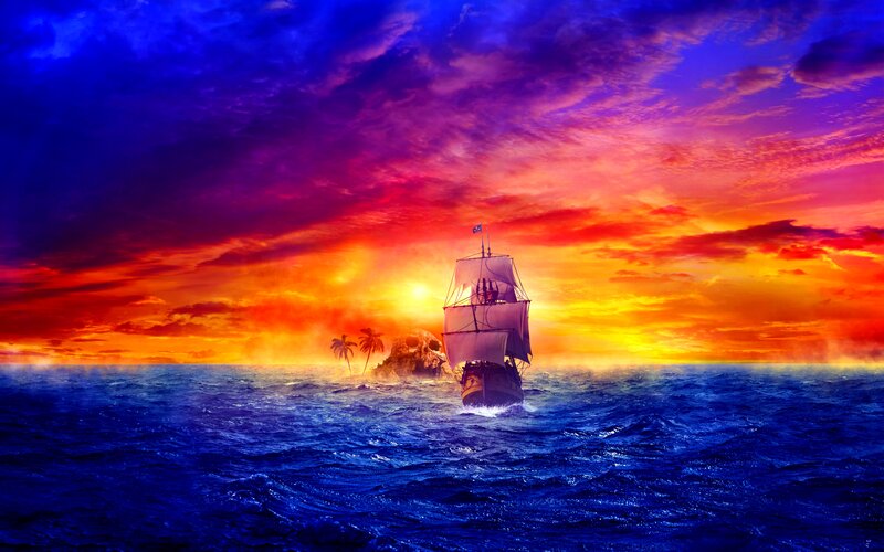 Pirate Ship at Sea — Blue, Dramatic, Sunset, Digital Art, Skull Island
