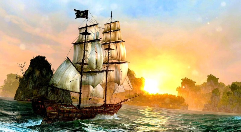 Pirate Ship at Sea — Blue, Dramatic, Sunset, Digital Art
