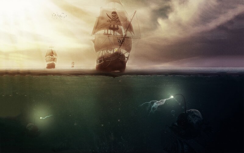 Pirate Ship at Sea — Brown, Dramatic, Sunset