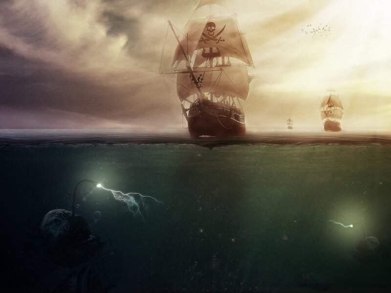 Pirate Ship at Sea — Brown, Dramatic