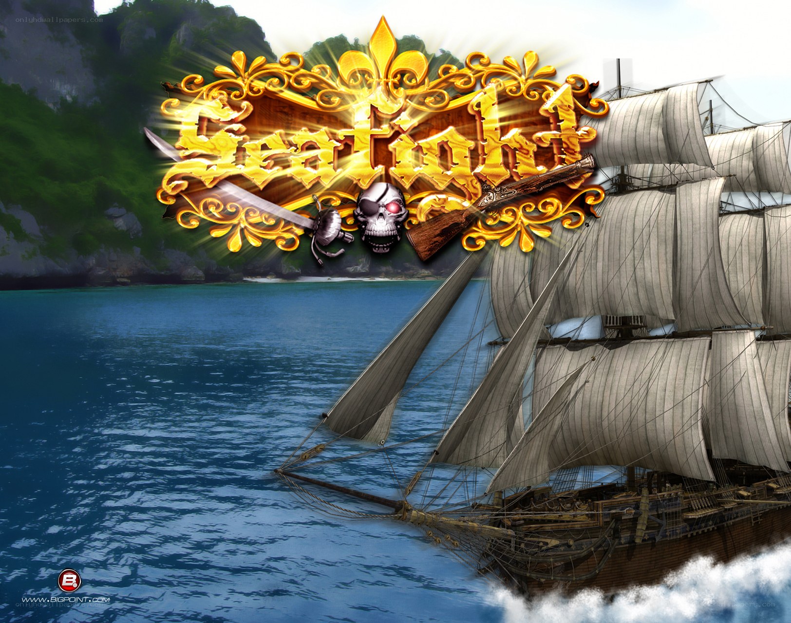 Pirate ship at sea with logo