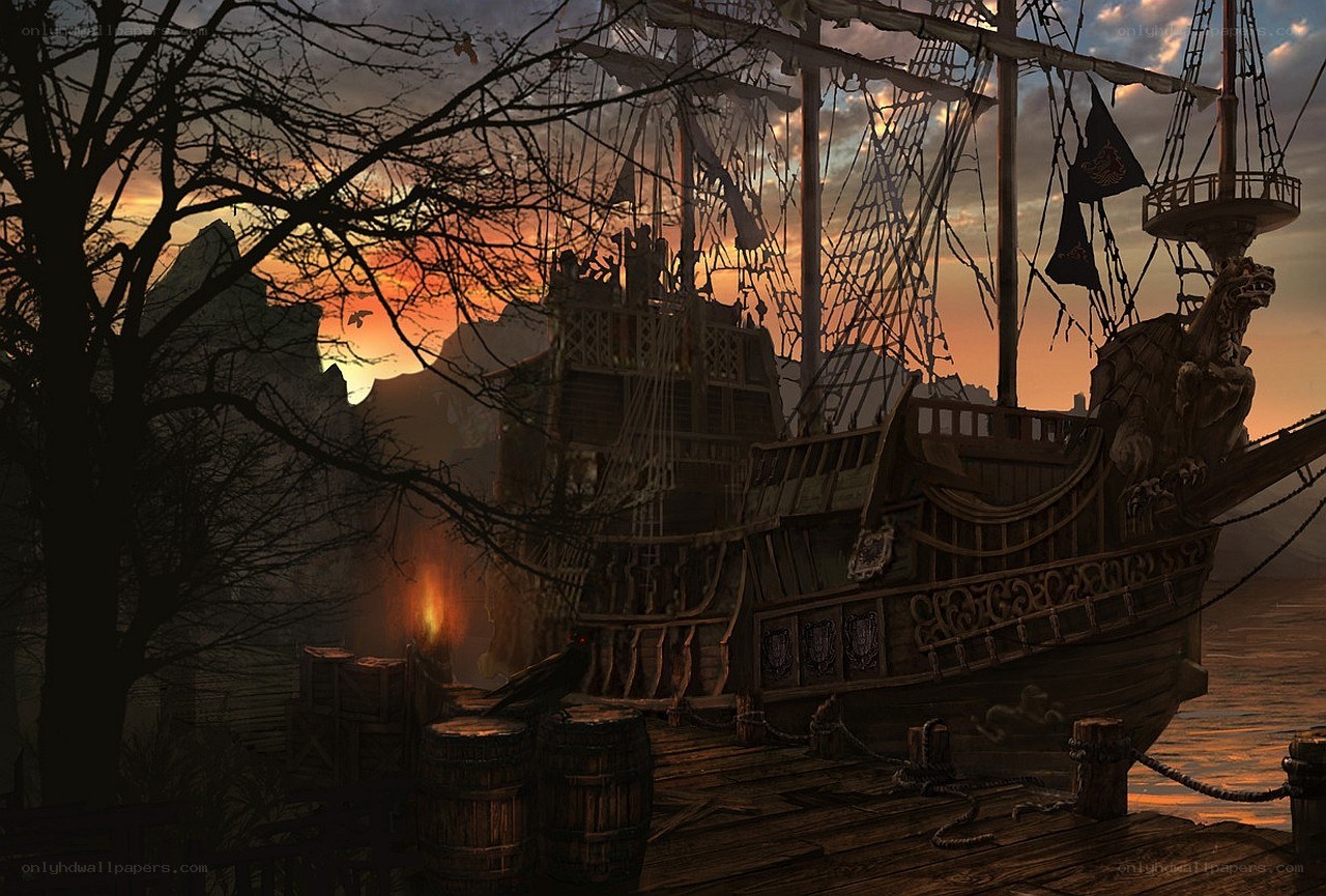 Pirate ship at sunset