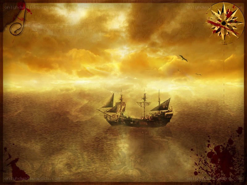 pirate ship at sunset
