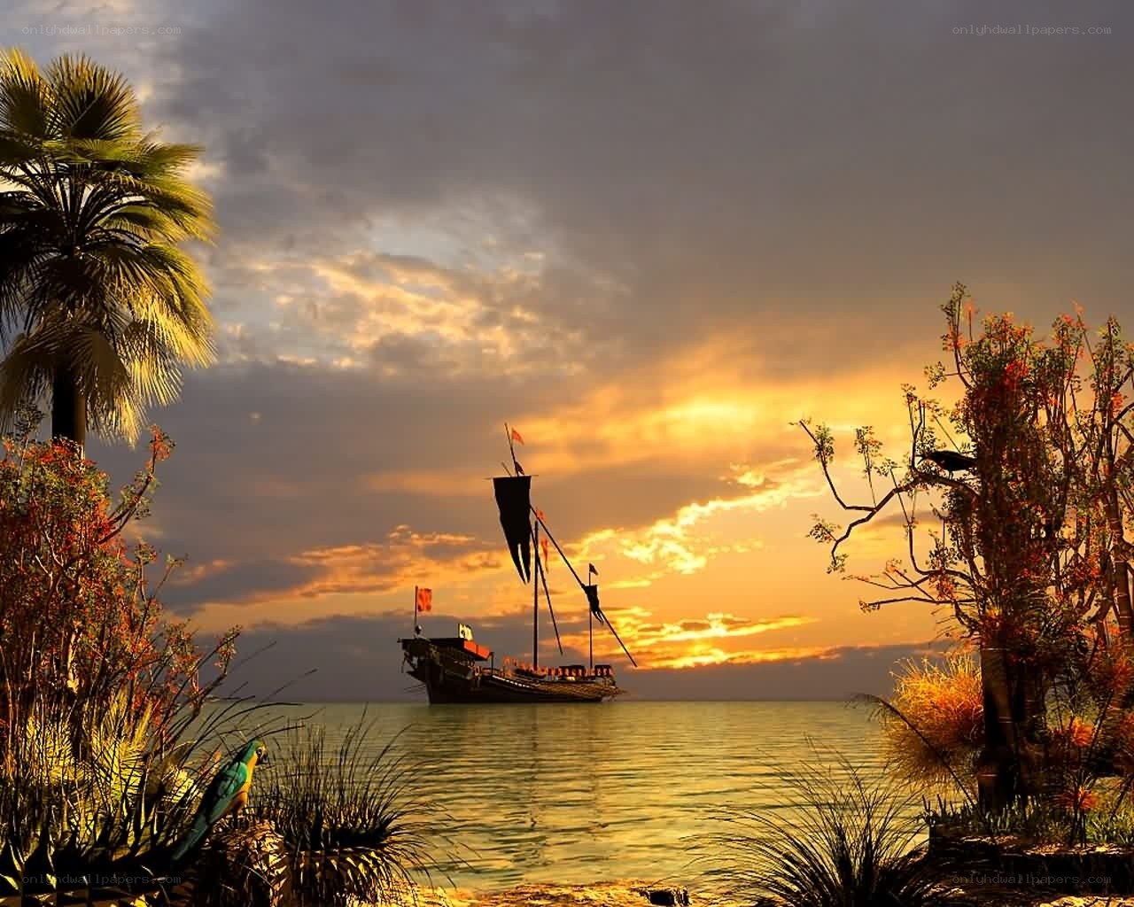 Pirate ship at sunset