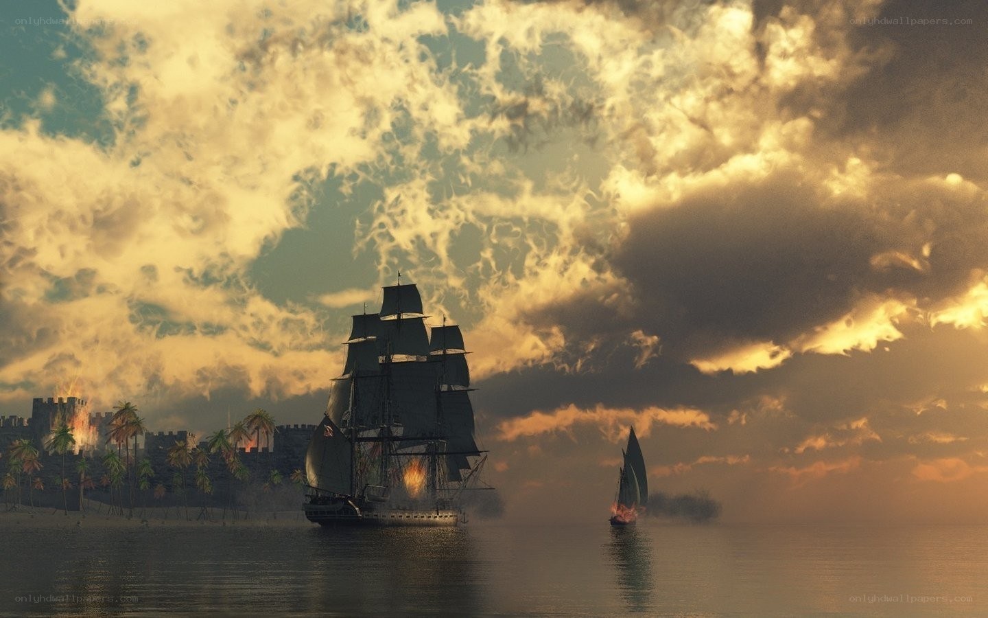 Pirate ship at sunset