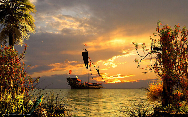 Pirate Ship at Sunset — Orange, Dramatic, Digital Art, Palm Tree, Parrot
