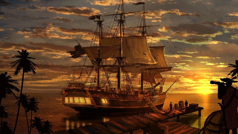 Pirate Ship at Sunset — Orange, Dramatic, Digital Art, Palm Trees