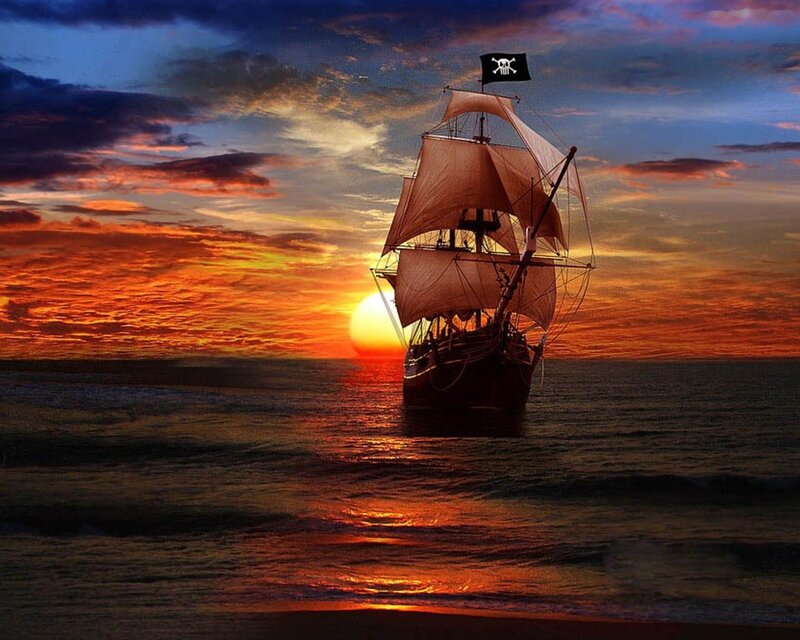 Pirate Ship at Sunset — Orange, Dramatic, Digital Art, Sailboat, Ocean