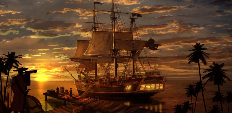 Pirate Ship at Sunset — Orange, Dramatic, Digital Art, Sailboat, Palm Trees, Dock
