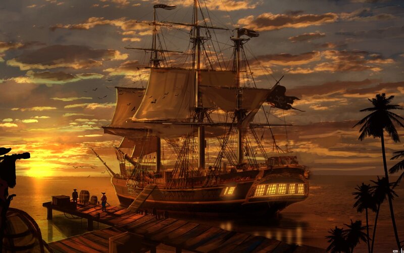 Pirate Ship at Sunset — Orange, Dramatic, Digital Art, Sailboat, Palm Trees
