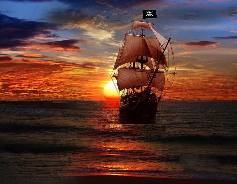 Pirate Ship at Sunset — Orange, Dramatic, Digital Art, Sailboat