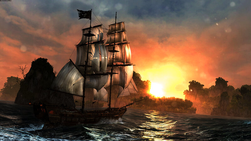 Pirate Ship at Sunset — Orange, Dramatic, Digital Art, Sails