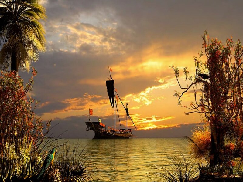 Pirate Ship at Sunset — Orange, Dramatic, Digital Art