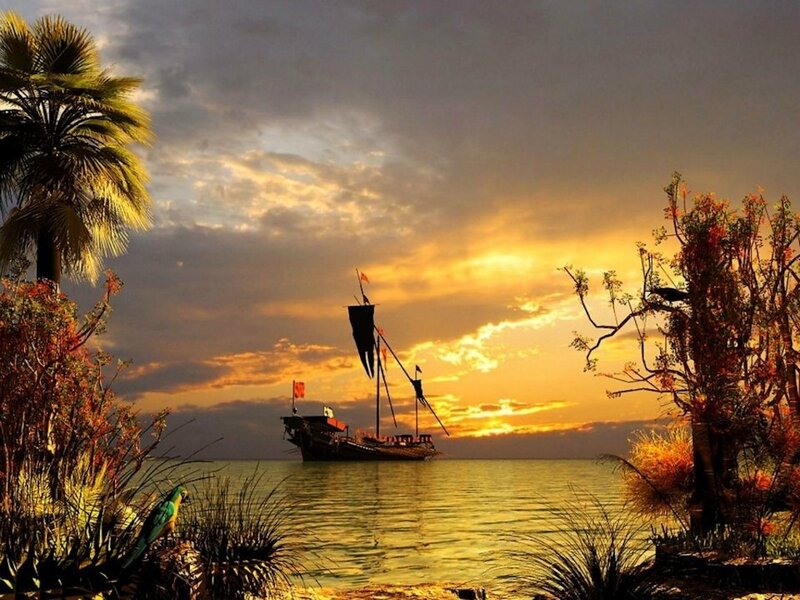 Pirate Ship at Sunset — Yellow