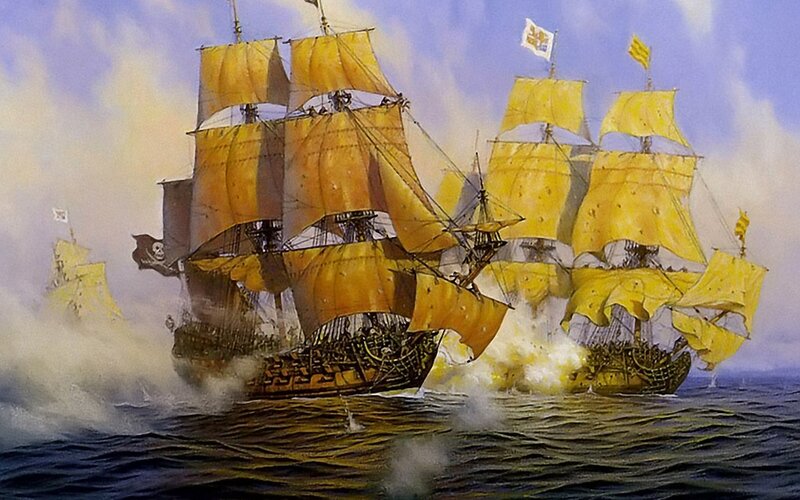 Pirate ship battle at sea