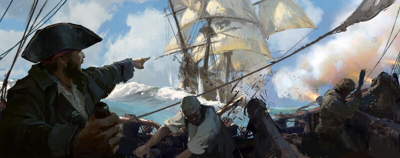 Pirate Ship Battle — Blue, Dramatic, Afternoon, Digital Art