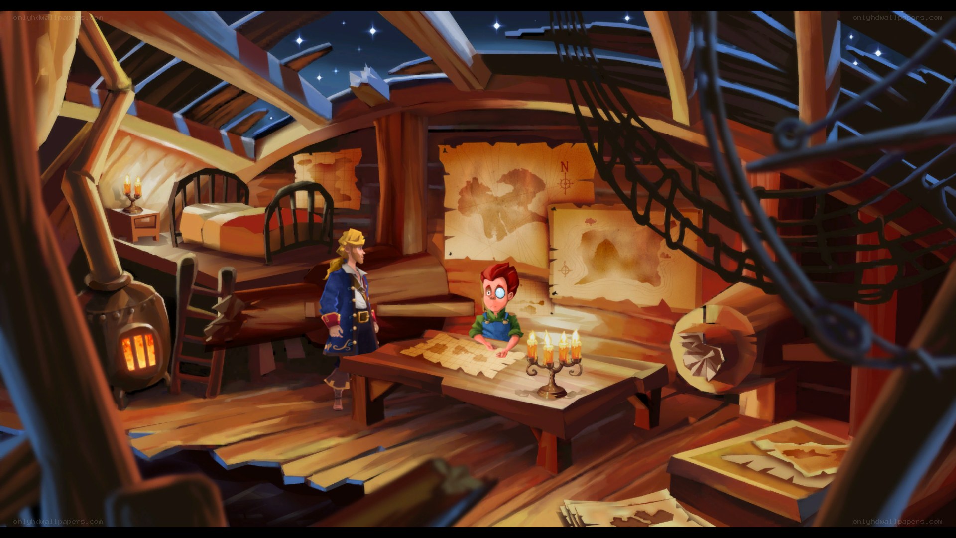 pirate ship cabin at night