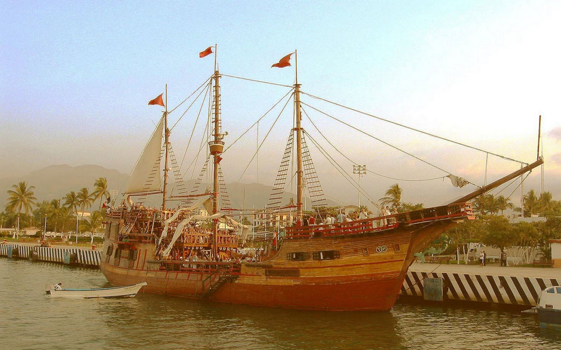 Pirate ship docked at harbor