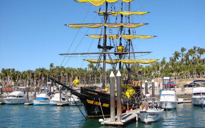 Pirate ship docked in marina
