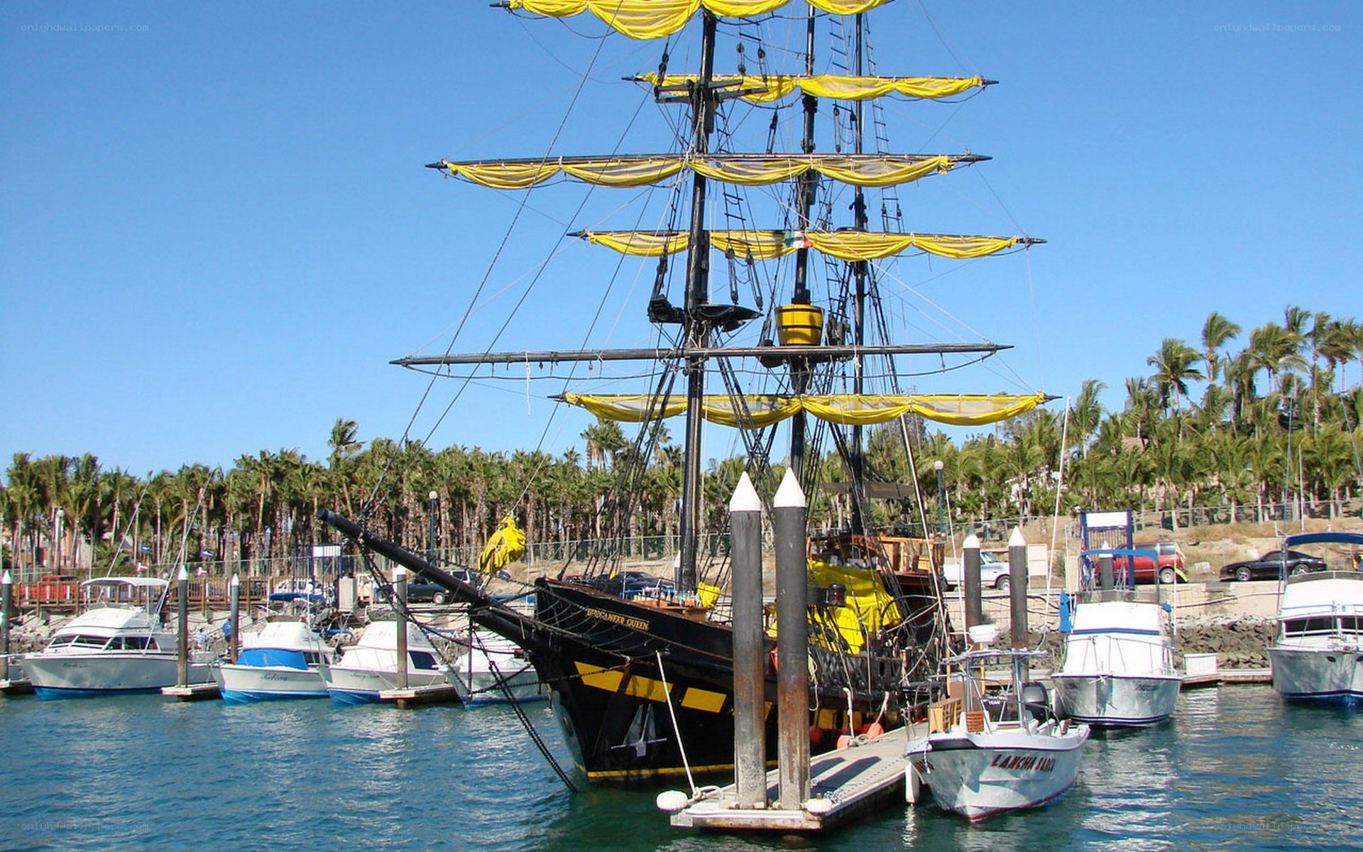 Pirate ship docked in marina