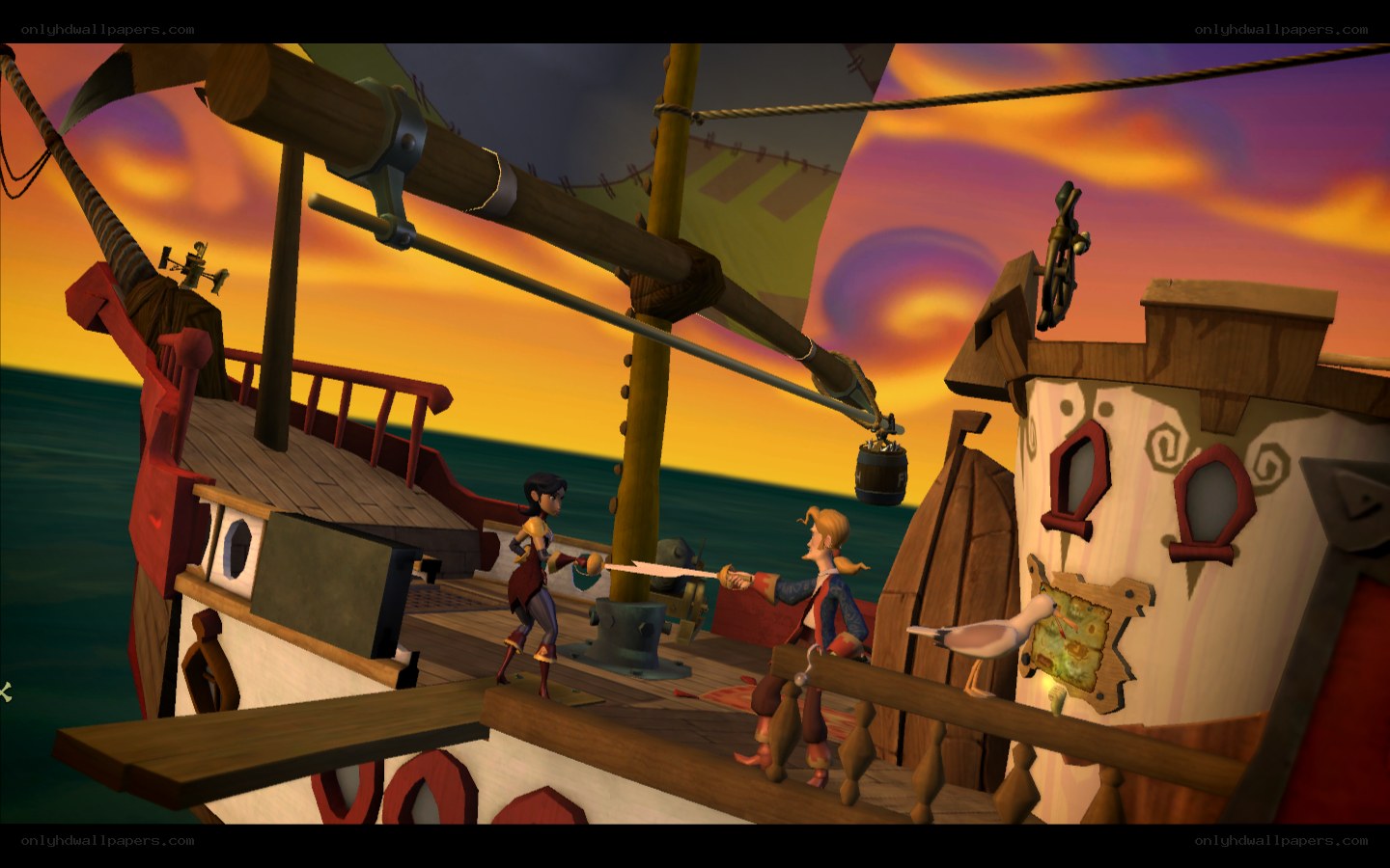 Pirate ship duel at sunset