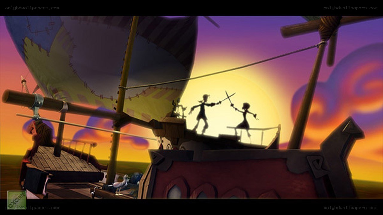 Pirate ship duel at sunset