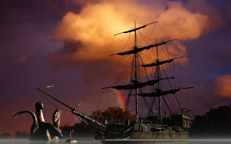 Pirate ship facing sea monster