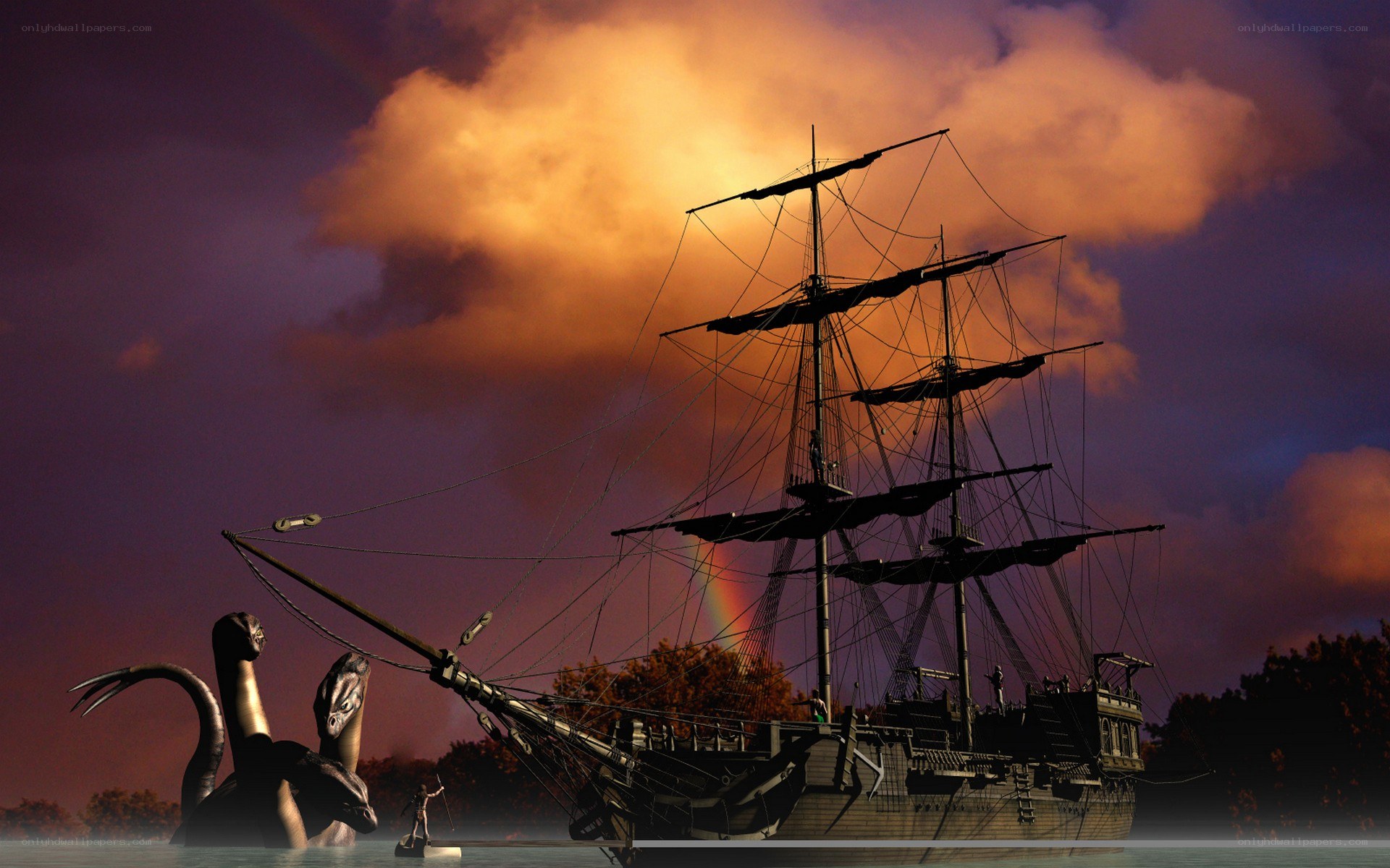 Pirate ship facing sea monster