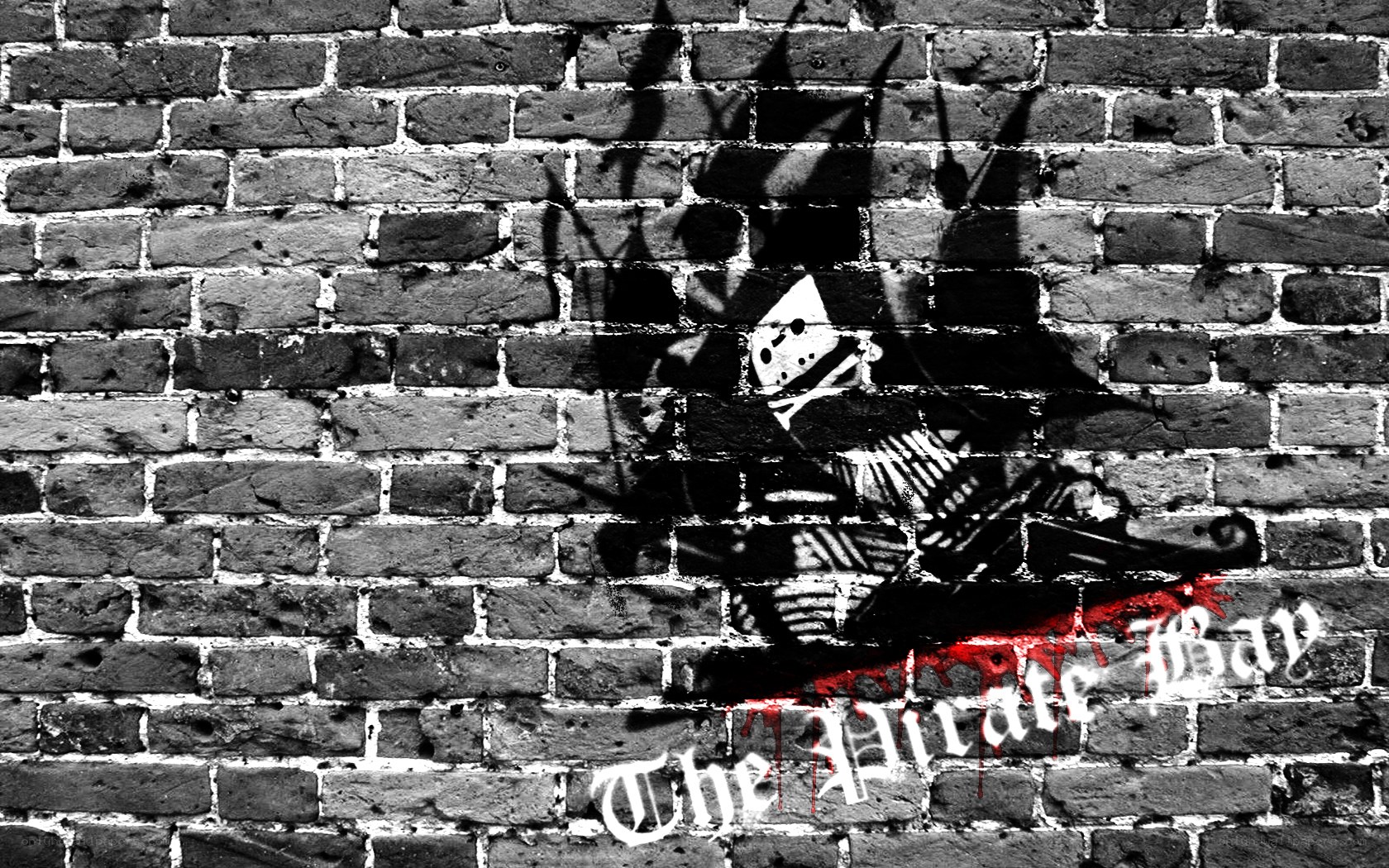 pirate ship graffiti on brick wall
