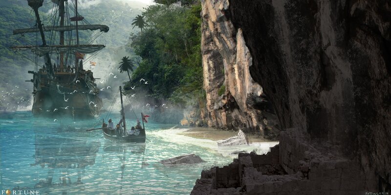 Pirate Ship in Bay — Blue