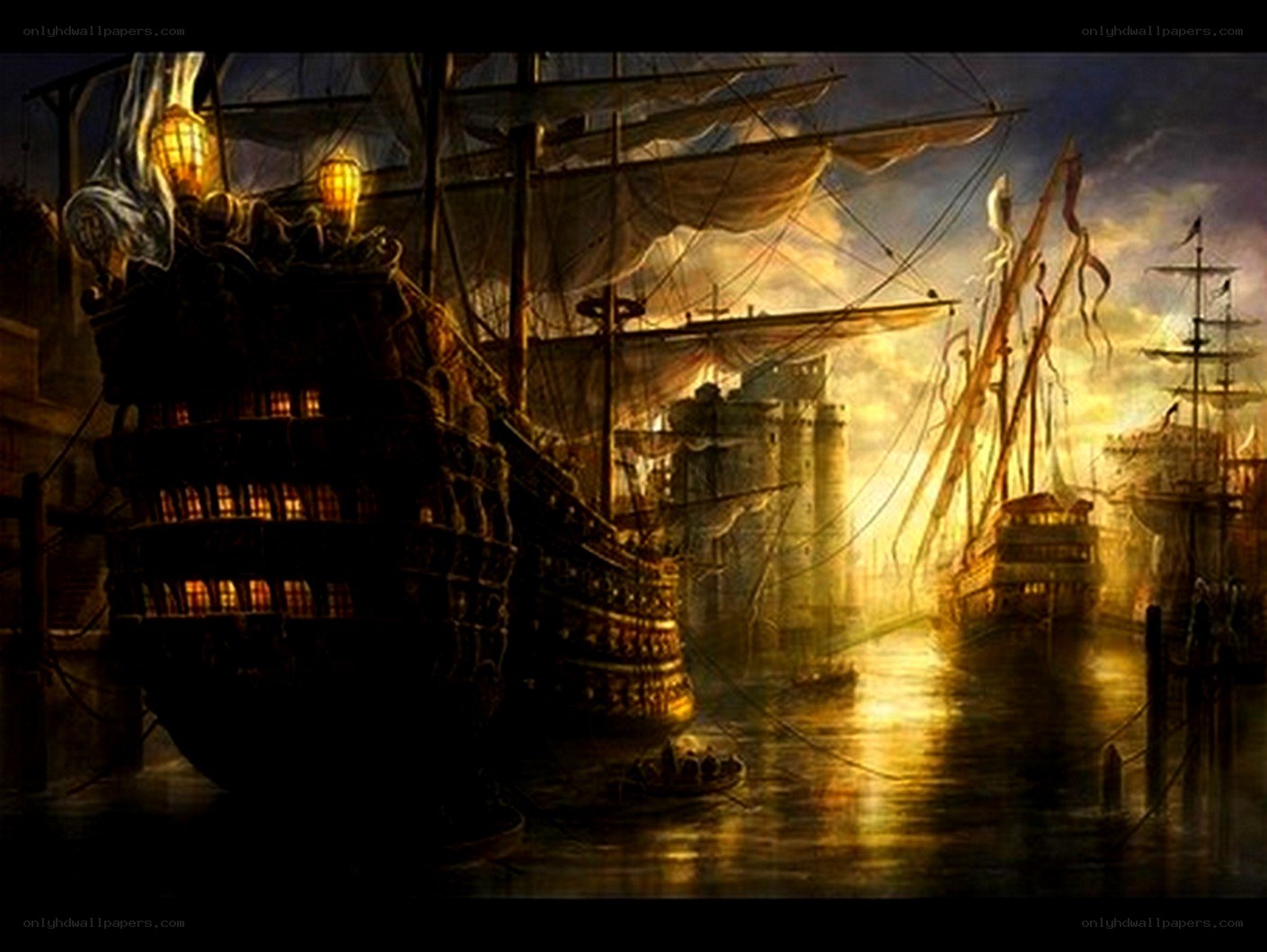 Pirate ship in harbor at dusk