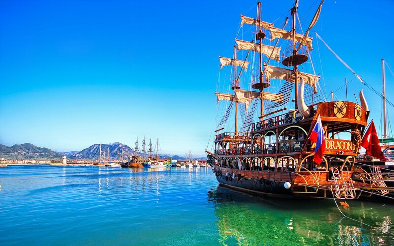 Pirate Ship in Harbor — Blue, Serene