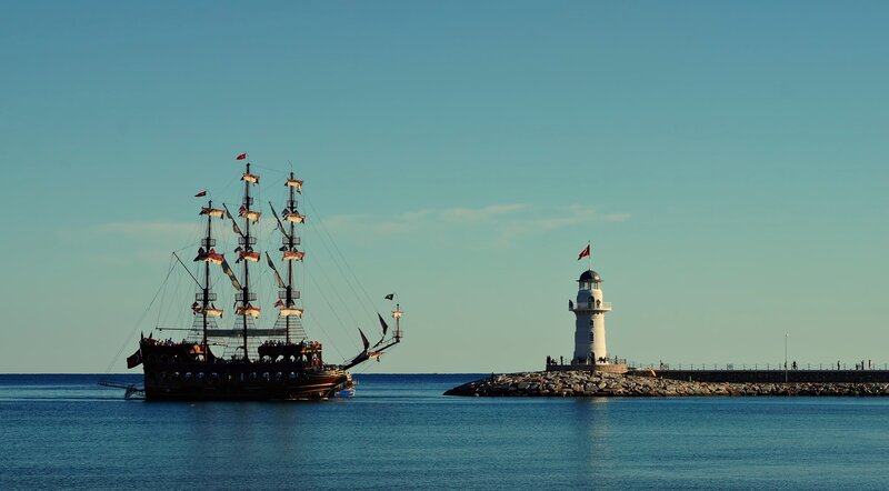 Pirate Ship in Harbor — Blue