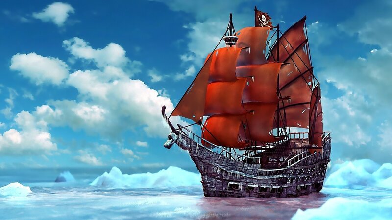 Pirate Ship in Ice — Blue, Dramatic, Digital Art, Sails