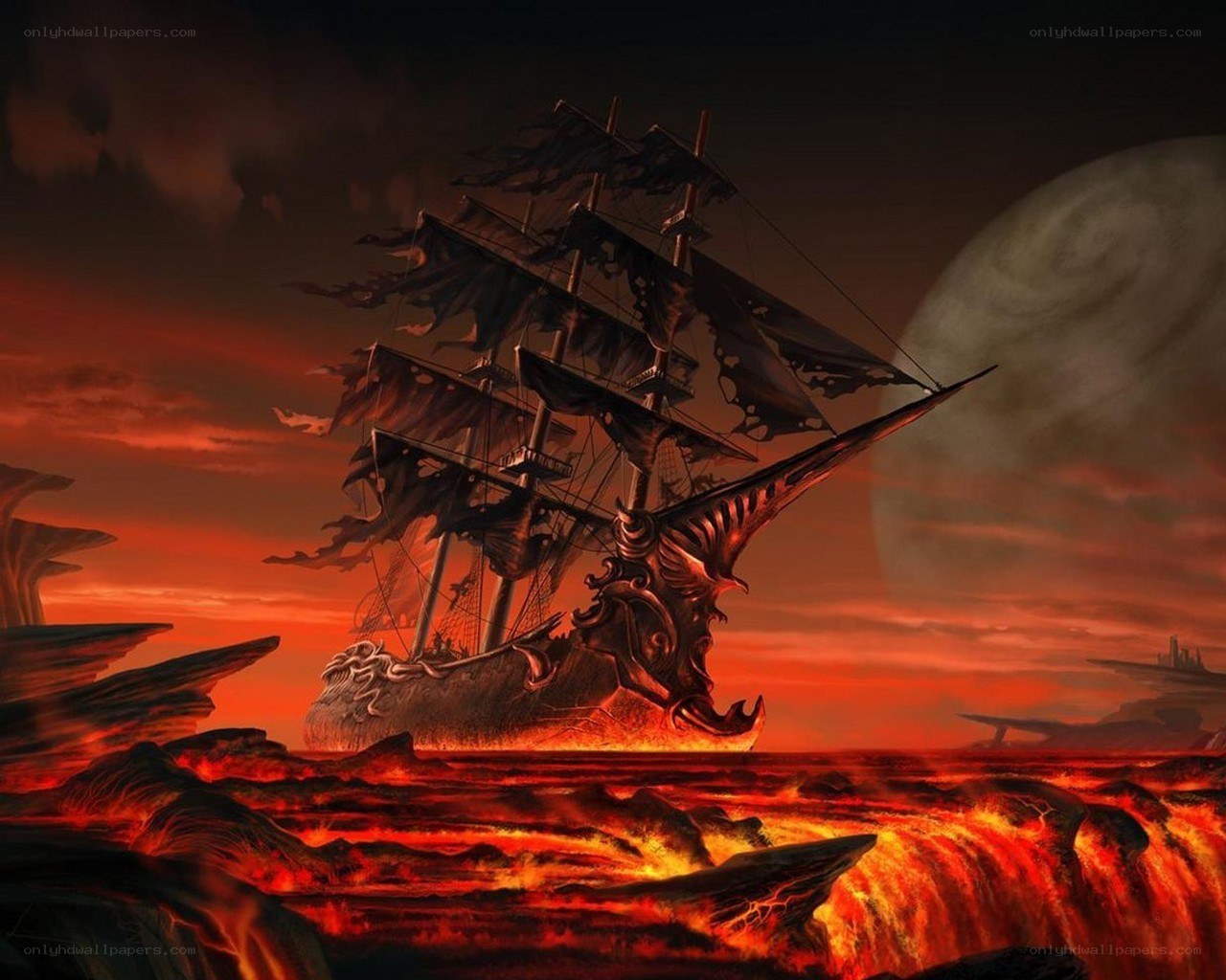 pirate ship in lava sea