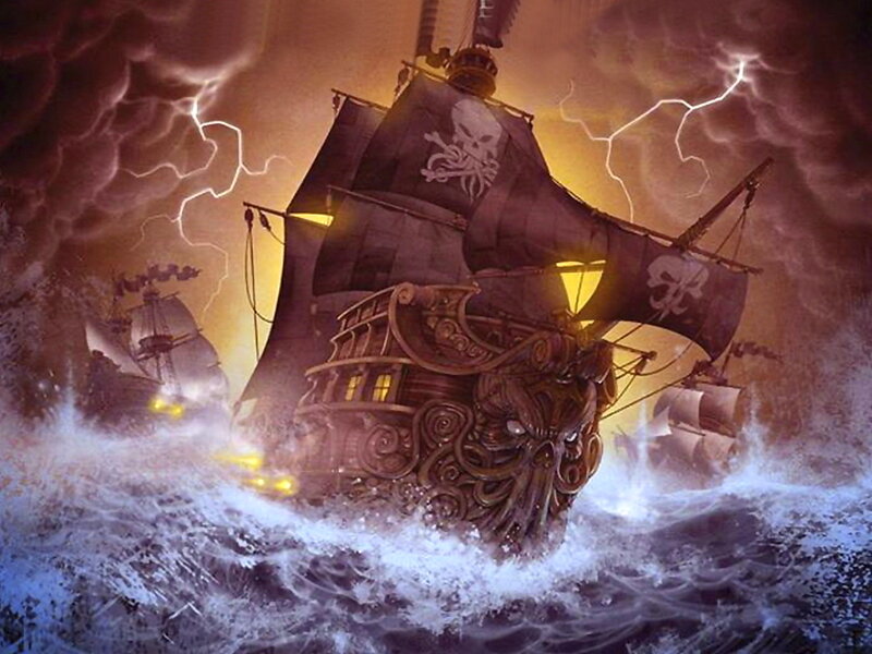Pirate Ship in Storm — Black, Dramatic